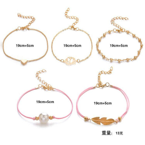 5 Piece Pink Pearl Bracelet Set 18K Gold Plated Bracelet ITALY Design