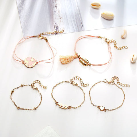 5 Piece Pink Global Tassell Bracelet Set 18K Rose Gold Plated Bracelet ITALY Design