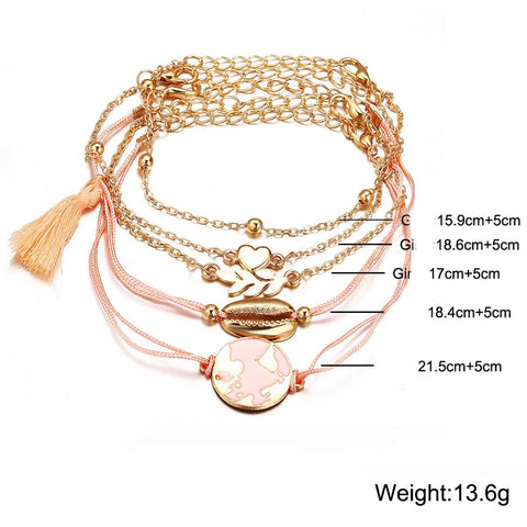 5 Piece Pink Global Tassell Bracelet Set 18K Rose Gold Plated Bracelet ITALY Design