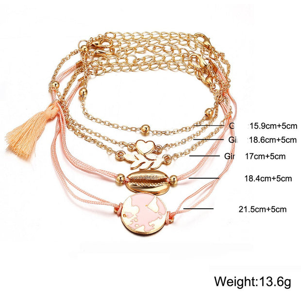 5 Piece Pink Global Tassell Bracelet Set 18K Rose Gold Plated Bracelet ITALY Design