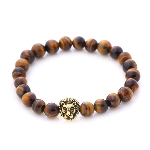 Brown Natural Stone Lion Head Stretch 18K Gold Plated Bracelet ITALY Design
