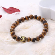 Brown Natural Stone Lion Head Stretch 18K Gold Plated Bracelet ITALY Design