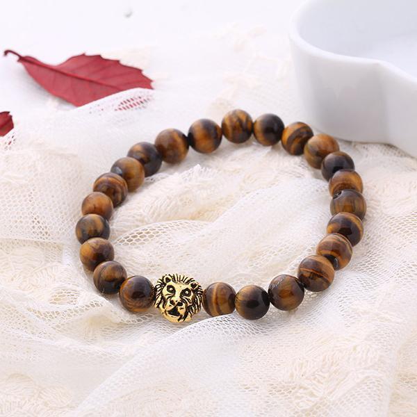 Brown Natural Stone Lion Head Stretch 18K Gold Plated Bracelet ITALY Design