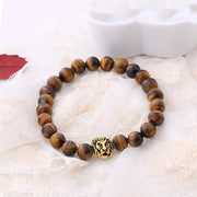 Brown Natural Stone Lion Head Stretch 18K Gold Plated Bracelet ITALY Design
