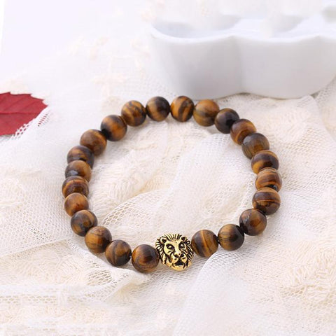 Brown Natural Stone Lion Head Stretch 18K Gold Plated Bracelet ITALY Design