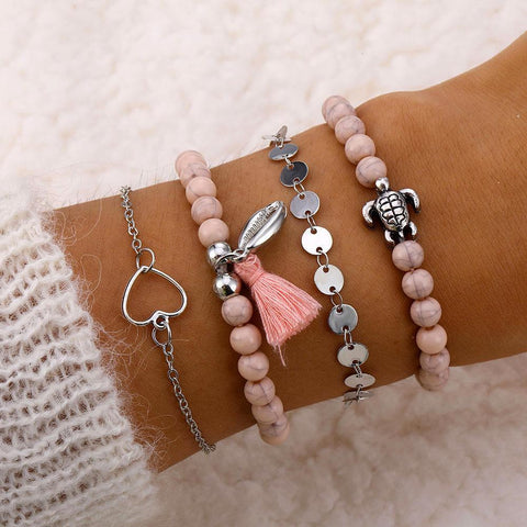 4 Piece Pink Tassell Bracelet Set 18K White Gold Plated Bracelet ITALY Design