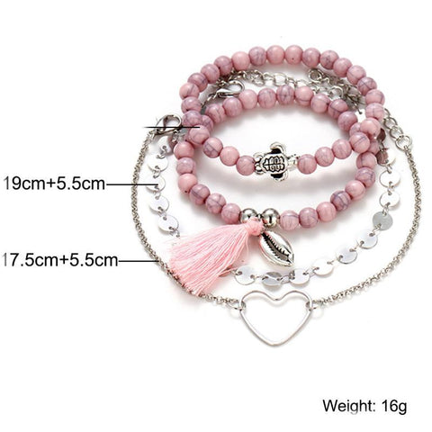 4 Piece Pink Tassell Bracelet Set 18K White Gold Plated Bracelet ITALY Design