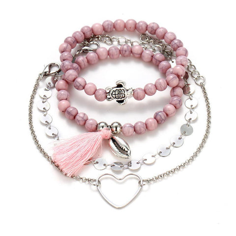 4 Piece Pink Tassell Bracelet Set 18K White Gold Plated Bracelet ITALY Design