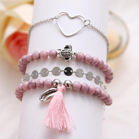 4 Piece Pink Tassell Bracelet Set 18K White Gold Plated Bracelet ITALY Design