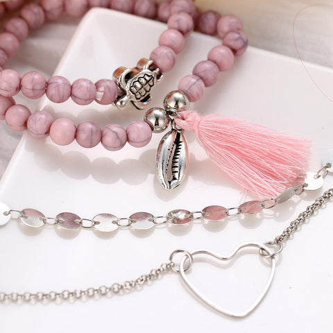 4 Piece Pink Tassell Bracelet Set 18K White Gold Plated Bracelet ITALY Design