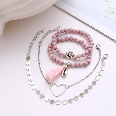 4 Piece Pink Tassell Bracelet Set 18K White Gold Plated Bracelet ITALY Design