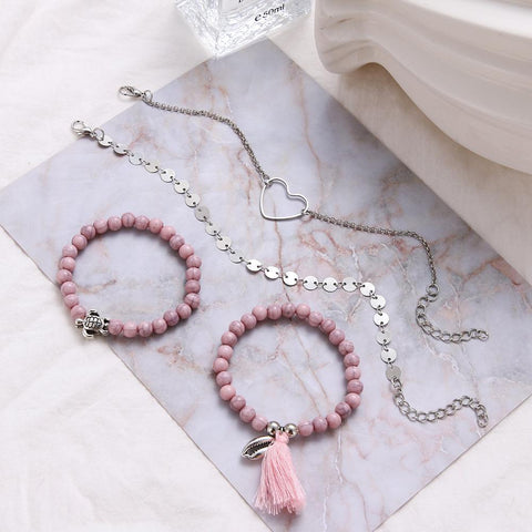 4 Piece Pink Tassell Bracelet Set 18K White Gold Plated Bracelet ITALY Design