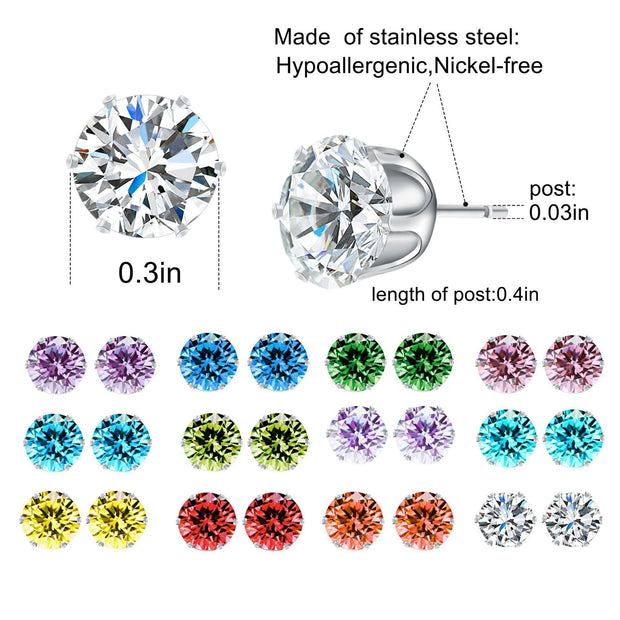 12 Piece Stud Earring Set With Gemstone  Crystals 18K White Gold Plated Earring 