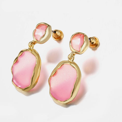 Transparent Glass Stone Drop Earring - Pink 18K Gold Plated Earring in 18K Gold Plated ITALY Design