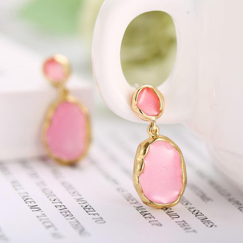 Transparent Glass Stone Drop Earring - Pink 18K Gold Plated Earring in 18K Gold Plated ITALY Design