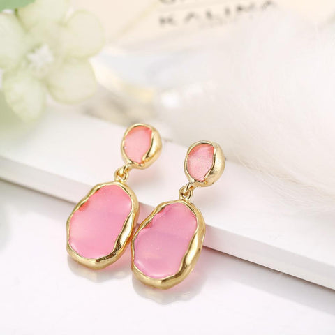 Transparent Glass Stone Drop Earring - Pink 18K Gold Plated Earring in 18K Gold Plated ITALY Design