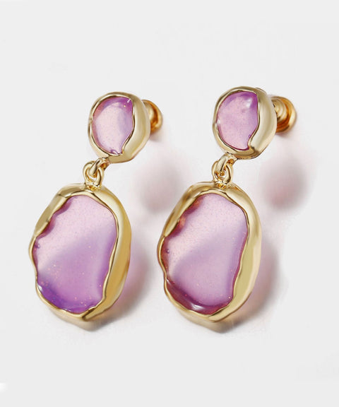 Transparent Glass Stone Drop Earring - Purple 18K Gold Plated Earring in 18K Gold Plated ITALY Design