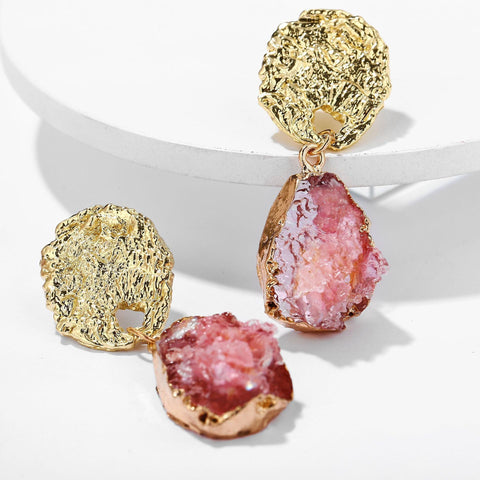 Glass Stone Drop Earring - Pink 18K Gold Plated Earring in 18K Gold Plated ITALY Design