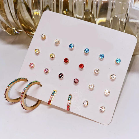 12 Piece Rainbow Set With Gemstone  Crystals 18K White Gold Plated Earring 