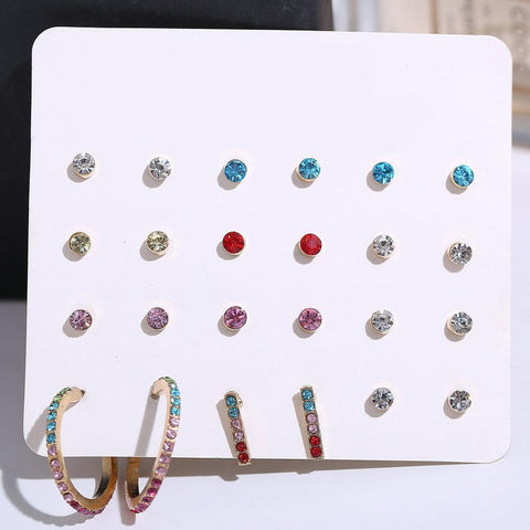12 Piece Rainbow Set With Gemstone  Crystals 18K White Gold Plated Earring 