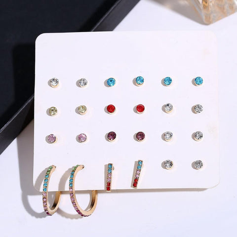 12 Piece Rainbow Set With Gemstone  Crystals 18K White Gold Plated Earring 