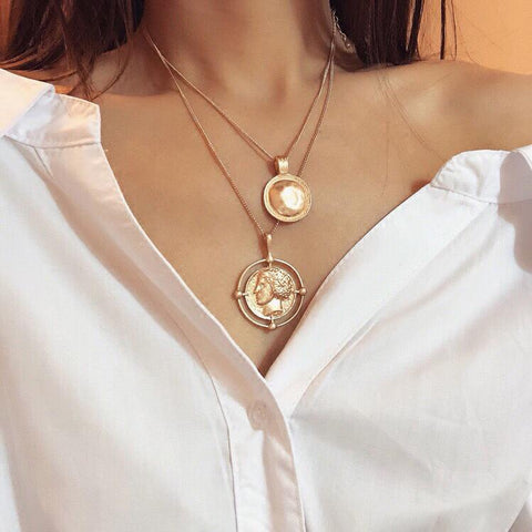 2 Piece Coin Head Necklace 18K Gold Plated Necklace in 18K Gold Plated ITALY Design