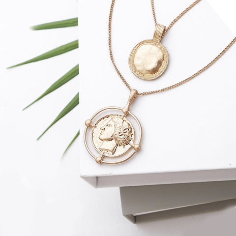 2 Piece Coin Head Necklace 18K Gold Plated Necklace in 18K Gold Plated ITALY Design