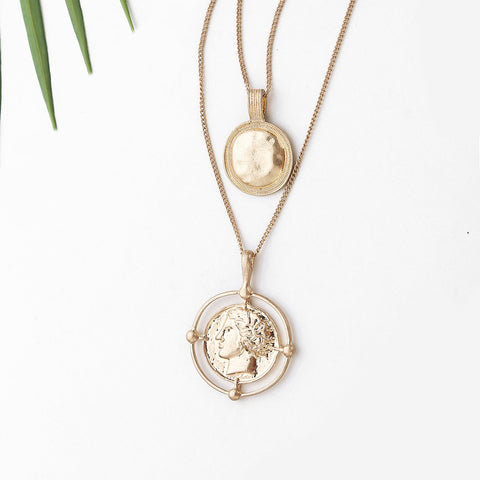 2 Piece Coin Head Necklace 18K Gold Plated Necklace in 18K Gold Plated ITALY Design