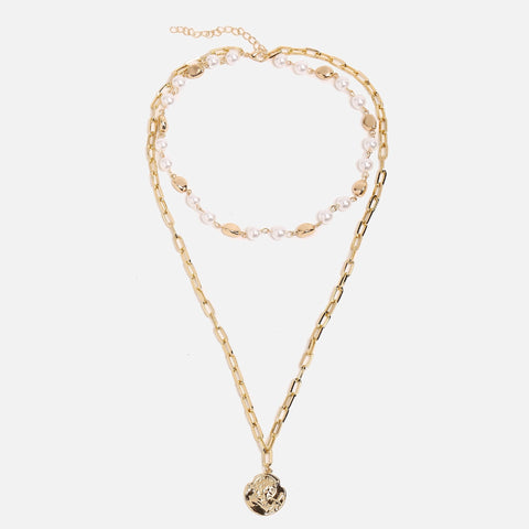 2 Piece Pearl Coin Head Necklace 18K Gold Plated Necklace ITALY Design