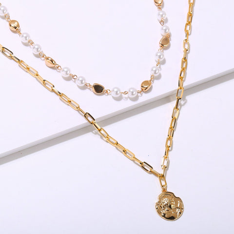 2 Piece Pearl Coin Head Necklace 18K Gold Plated Necklace ITALY Design