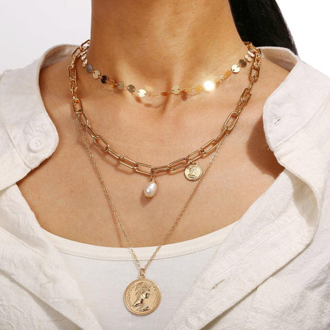 3 Piece Coin Pearl Necklace 18K Gold Plated Necklace in 18K Gold Plated ITALY Design