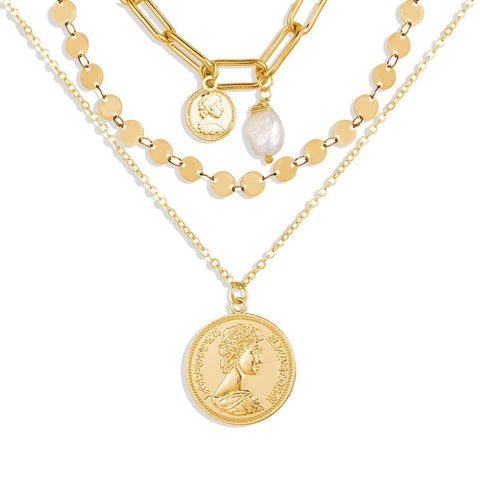 3 Piece Coin Pearl Necklace 18K Gold Plated Necklace in 18K Gold Plated ITALY Design