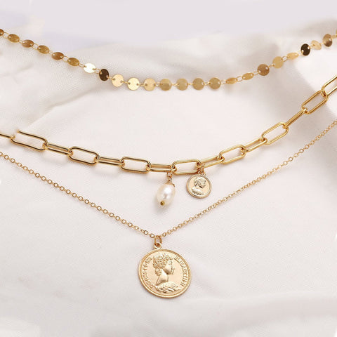 3 Piece Coin Pearl Necklace 18K Gold Plated Necklace in 18K Gold Plated ITALY Design