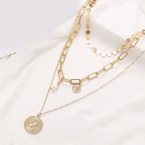 3 Piece Coin Pearl Necklace 18K Gold Plated Necklace in 18K Gold Plated ITALY Design