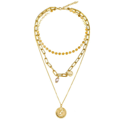 3 Piece Coin Pearl Necklace 18K Gold Plated Necklace in 18K Gold Plated ITALY Design