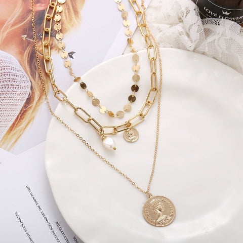 3 Piece Coin Pearl Necklace 18K Gold Plated Necklace in 18K Gold Plated ITALY Design
