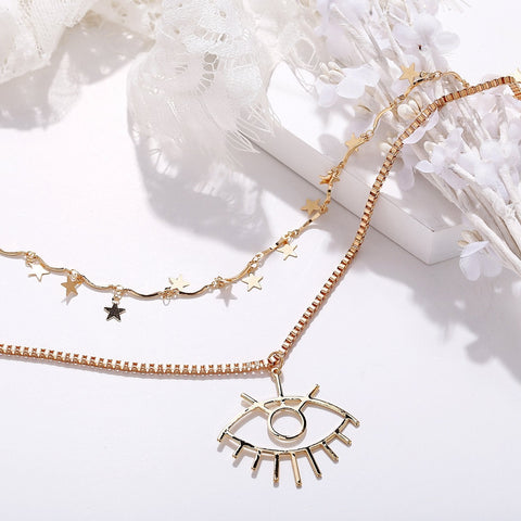 2 Piece Star and Eye Layer Necklace 18K Gold Plated Necklace in 18K Gold Plated ITALY Design