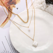 3 Piece Pearl Linear Chain Necklace in 18K Gold Plated ITALY Design