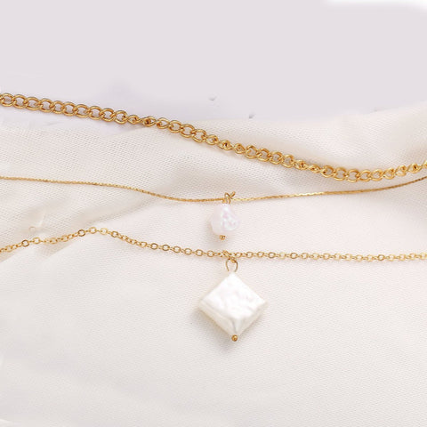 3 Piece Pearl Linear Chain Necklace in 18K Gold Plated ITALY Design