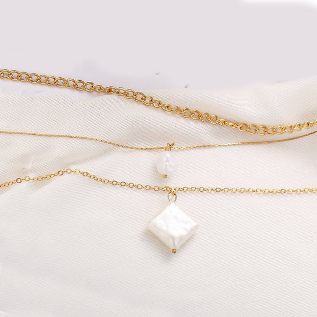 3 Piece Pearl Linear Chain Necklace in 18K Gold Plated ITALY Design
