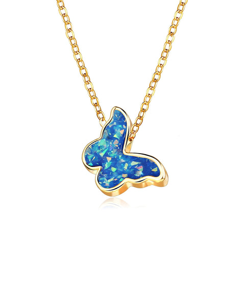 Opal Created Butterfly-Blue 18K Gold Plated Necklace in 18K Gold Plated ITALY Design