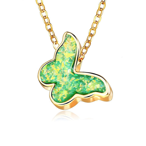 Opal Created Butterfly-Green 18K Gold Plated Necklace in 18K Gold Plated ITALY Design
