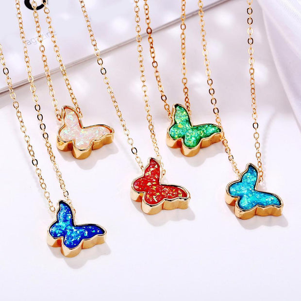 Opal Created Butterfly-Turquoise 18K Gold Plated Necklace in 18K Gold Plated ITALY Design