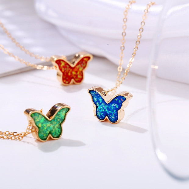 Opal Created Butterfly-Turquoise 18K Gold Plated Necklace in 18K Gold Plated ITALY Design