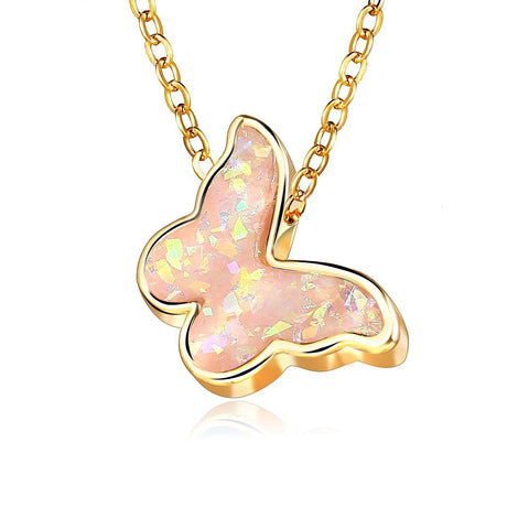 Opal Created Butterfly-Pink 18K Gold Plated Necklace in 18K Gold Plated ITALY Design