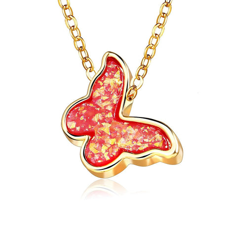Opal Created Butterfly-Red 18K Gold Plated Necklace in 18K Gold Plated ITALY Design