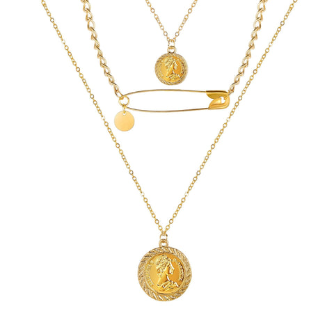 3 Piece Coin and Pin 18K Gold Plated Necklace in 18K Gold Plated ITALY Design