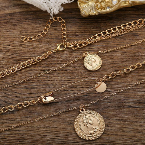 3 Piece Coin and Pin 18K Gold Plated Necklace in 18K Gold Plated ITALY Design