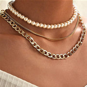 Pearl and Curb 3 Piece Layer 18K Gold Plated Necklace in 18K Gold Plated ITALY Design