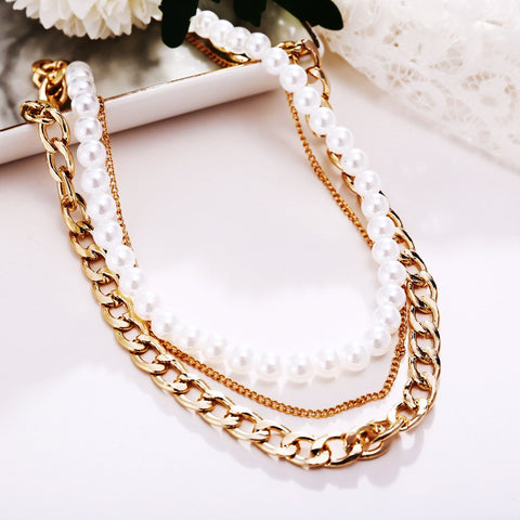 Pearl and Curb 3 Piece Layer 18K Gold Plated Necklace in 18K Gold Plated ITALY Design